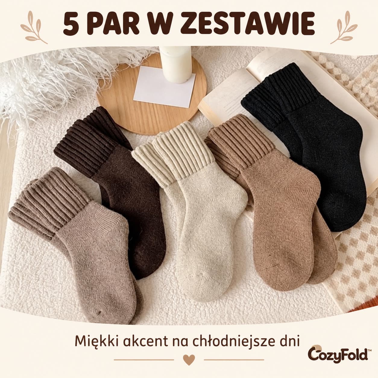 CozyFold™ – skarpety damskie z wywijanym ściągaczem, 5 par