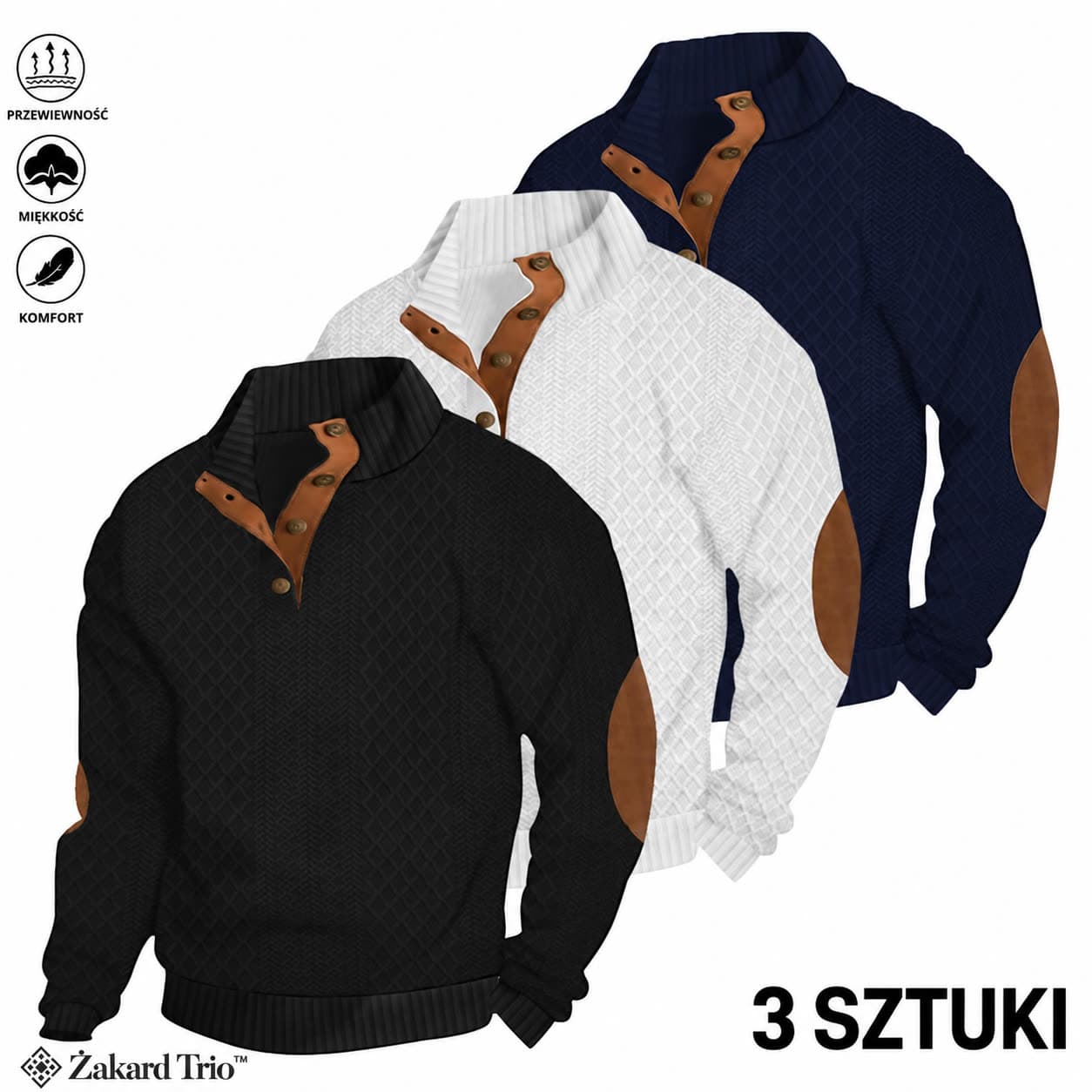 Żakard Trio™ – zestaw 3 bluz męskich ze stójką