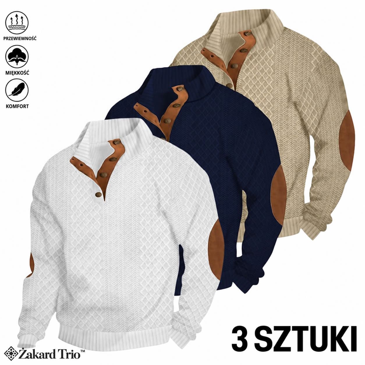 Żakard Trio™ – zestaw 3 bluz męskich ze stójką