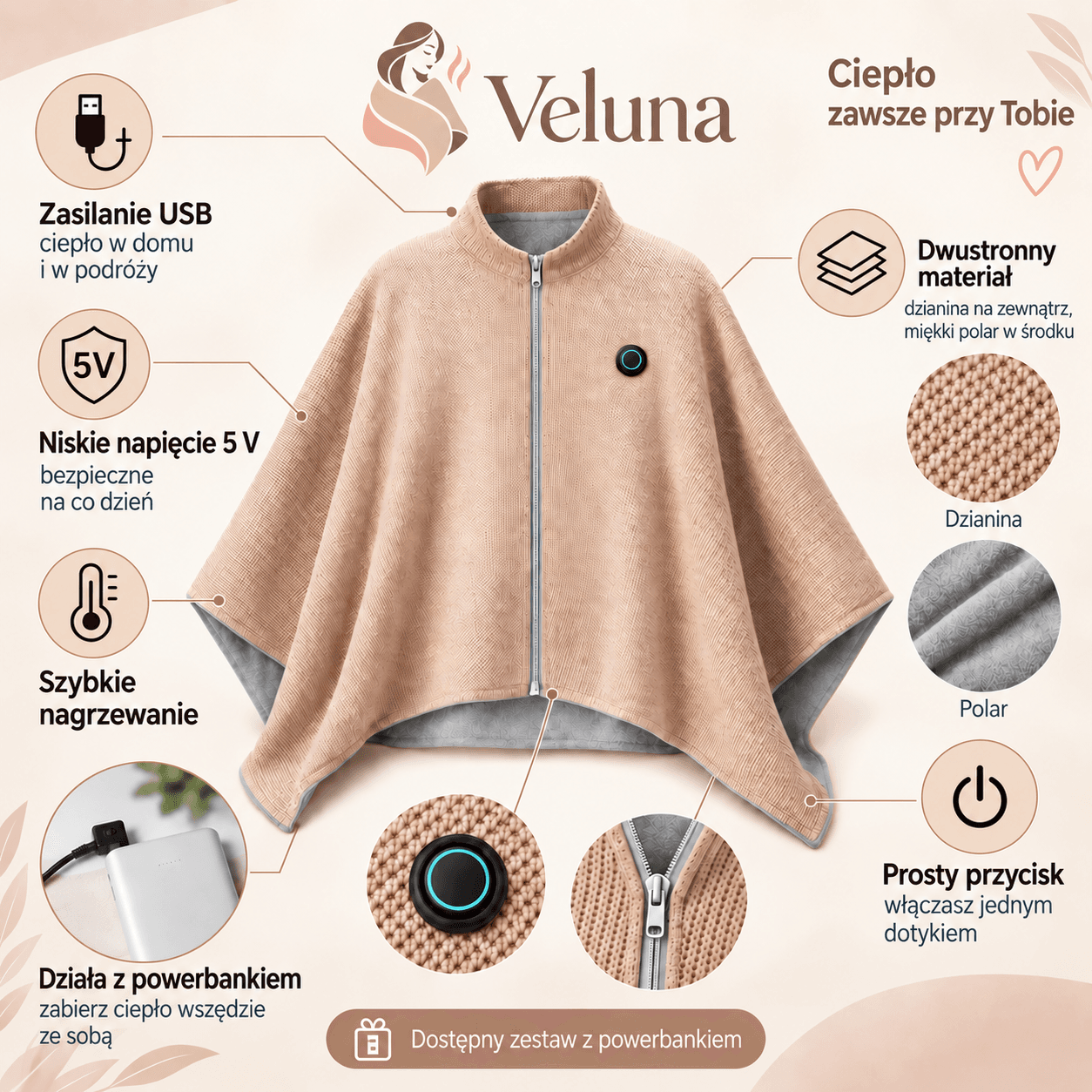 Veluna™ – podgrzewany sweterek ponczo na USB