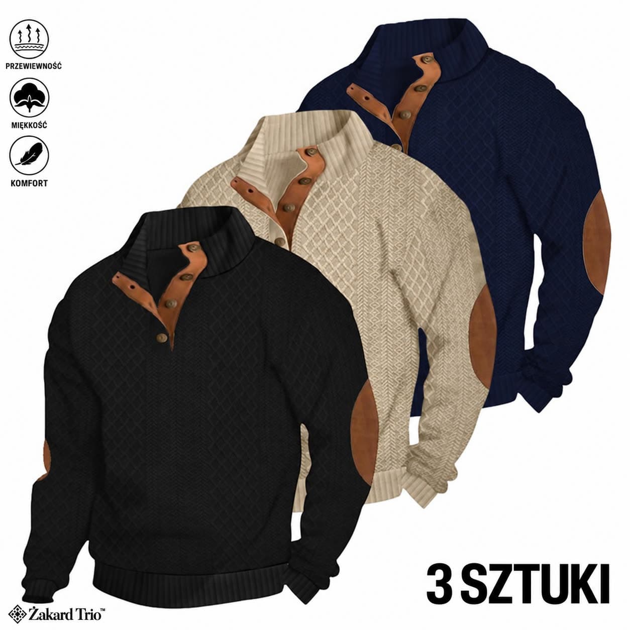 Żakard Trio™ – zestaw 3 bluz męskich ze stójką