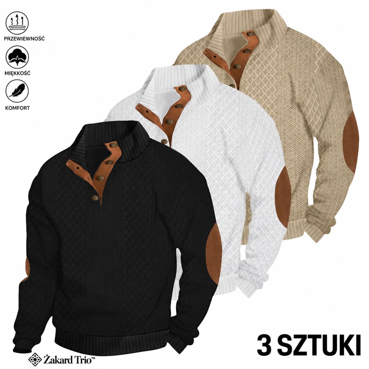 Żakard Trio™ – zestaw 3 bluz męskich ze stójką