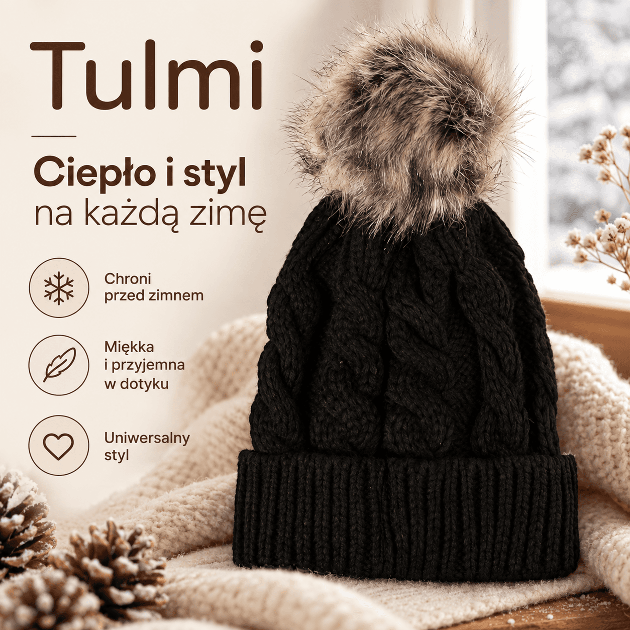 Tulmi™ – ciepła czapka beanie z pomponem