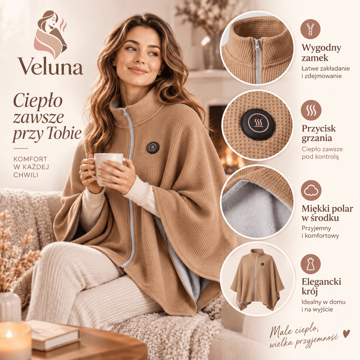 Veluna™ – podgrzewany sweterek ponczo na USB