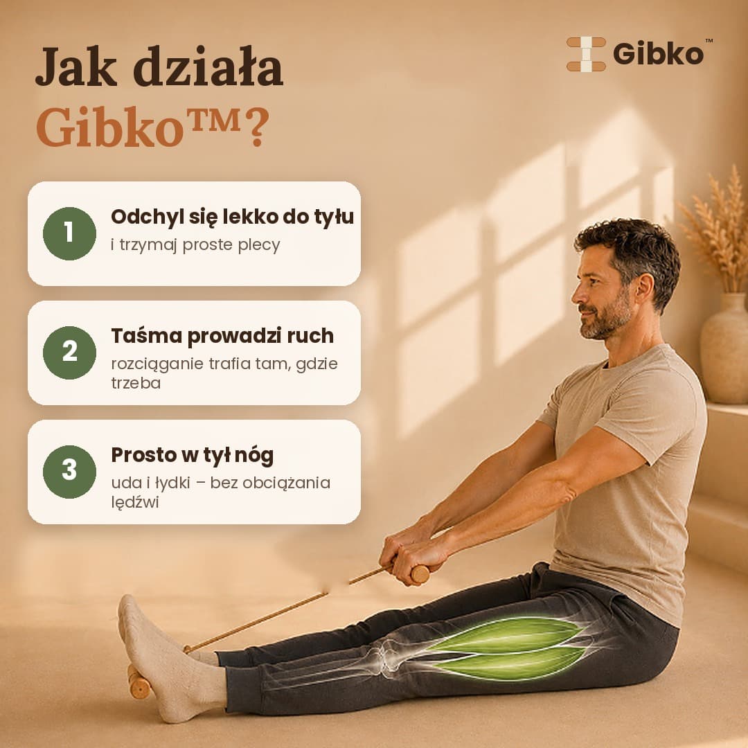 Gibko™ – drewniany rozciągacz do stretchingu nóg i pleców z taśmą